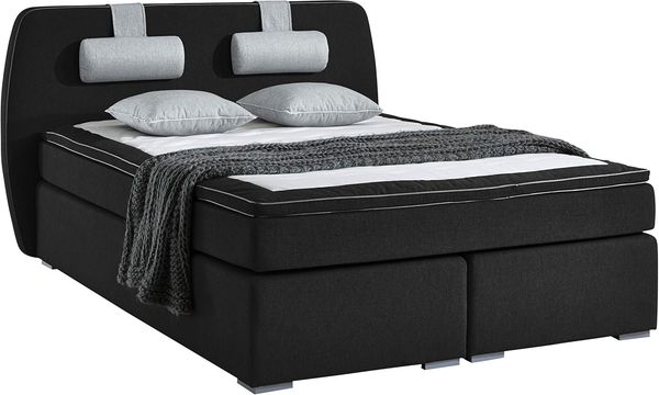 Atlantic Home Collection REX Boxspringbett inklusive Topper und Nackenkissen, schwarz, Härtegrad Medium H2, Stoff, 140x200 cm