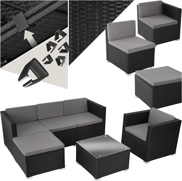 tectake® Poly Rattan Lounge, Outdoor Gartenmöbel Set mit Sofa, Sessel, Hocker und Tisch, variabel kombinierbar, Möbel wetterfest für 4-5 Personen, Balkonmöbel, Gartenlounge, Terrassenmöbel - schwarz