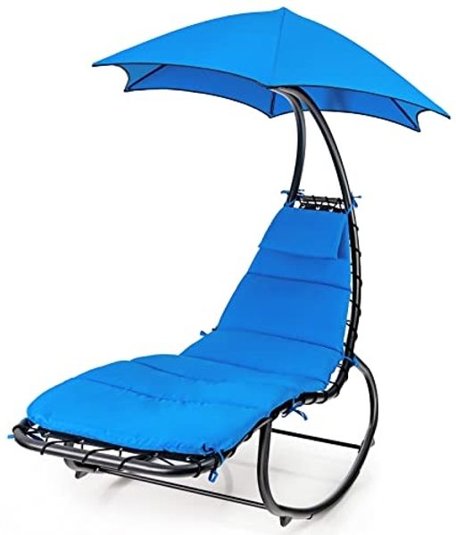 COSTWAY Hängeliege Schwebeliege mit Sonnenschirm und Auflage, Sonnenliege Relaxliege bis 150kg belastbar, Schaukelliege für Balkon, Pool, Garten (Grün)