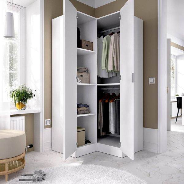 Dmora - Kleiderschrank 2 Türen Elgon, Eckschrank für Schlafzimmer, Eckschrank, 91x93h184 cm, Weiß