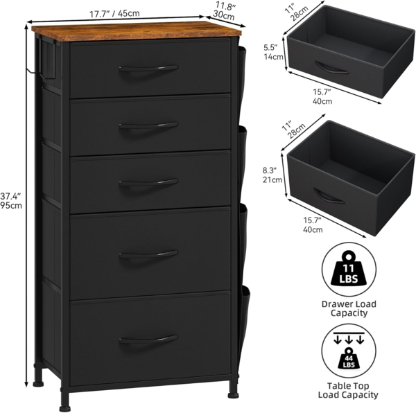 DWVO Kommode mit 5 Schubladen, langlebiger Schrank mit Haken & Seitentaschen, Stoffschubladen mit Griffen, Robustes Metallgestell, Schwarz Bild 3