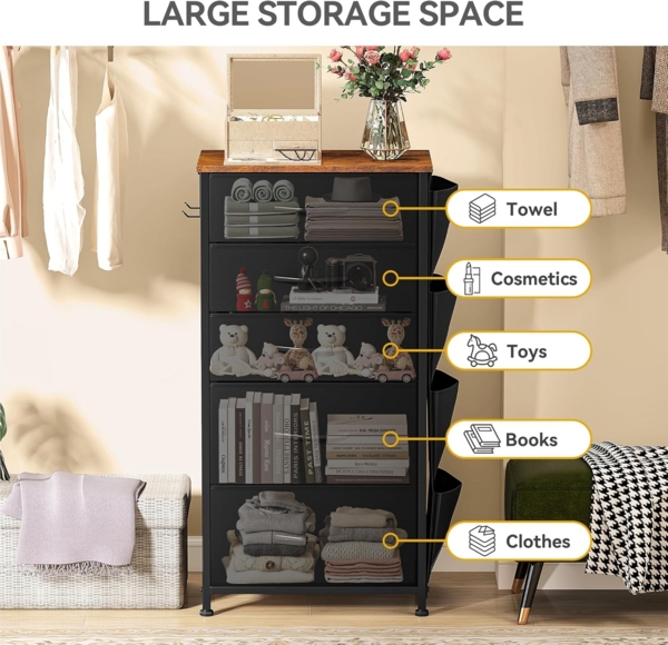DWVO Kommode mit 5 Schubladen, langlebiger Schrank mit Haken & Seitentaschen, Stoffschubladen mit Griffen, Robustes Metallgestell, Schwarz Bild 6