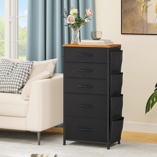 DWVO Kommode mit 5 Schubladen, langlebiger Schrank mit Haken & Seitentaschen, Stoffschubladen mit Griffen, Robustes Metallgestell, Schwarz Bild 2