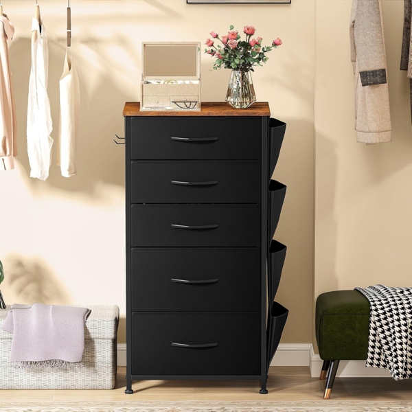 DWVO Kommode mit 5 Schubladen, langlebiger Schrank mit Haken & Seitentaschen, Stoffschubladen mit Griffen, Robustes Metallgestell, Schwarz Bild 4