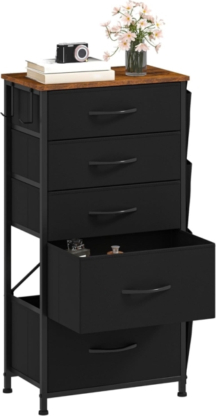 DWVO Kommode mit 5 Schubladen, langlebiger Schrank mit Haken & Seitentaschen, Stoffschubladen mit Griffen, Robustes Metallgestell, Schwarz Bild 1