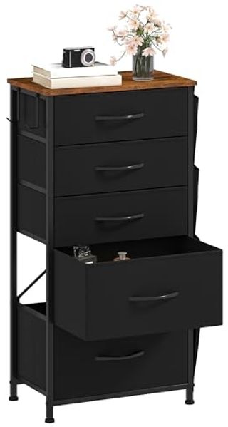 DWVO Kommode mit 5 Schubladen, langlebiger Schrank mit Haken & Seitentaschen, Stoffschubladen mit Griffen, Robustes Metallgestell, Schwarz