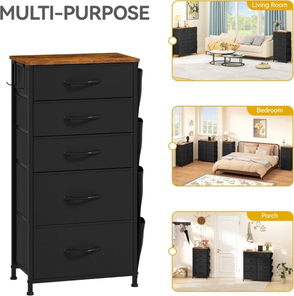 DWVO Kommode mit 5 Schubladen, langlebiger Schrank mit Haken & Seitentaschen, Stoffschubladen mit Griffen, Robustes Metallgestell, Schwarz Bild 7