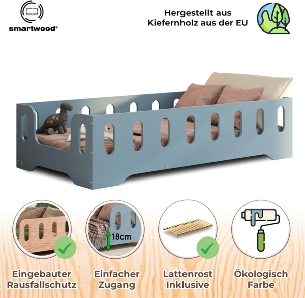 smartwood Kinderbett Bodenbett 120x200 mit Rausfallschutz & Lattenrost - Blau - Kinder Montessori Bett TILA 2B mit glatten Kanten - Betten für schnelle Montage - Bis 300 kg belastbar Bild 3