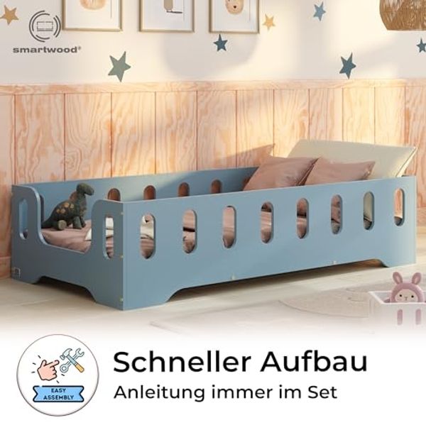 smartwood Kinderbett Bodenbett 120x200 mit Rausfallschutz & Lattenrost - Blau - Kinder Montessori Bett TILA 2B mit glatten Kanten - Betten für schnelle Montage - Bis 300 kg belastbar Bild 4