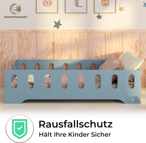 smartwood Kinderbett Bodenbett 120x200 mit Rausfallschutz & Lattenrost - Blau - Kinder Montessori Bett TILA 2B mit glatten Kanten - Betten für schnelle Montage - Bis 300 kg belastbar Bild 6
