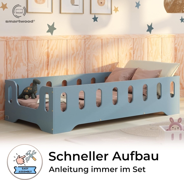 smartwood Kinderbett Bodenbett 120x200 mit Rausfallschutz & Lattenrost - Blau - Kinder Montessori Bett TILA 2B mit glatten Kanten - Betten für schnelle Montage - Bis 300 kg belastbar Bild 4