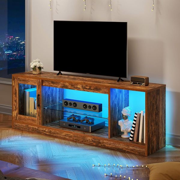 YITAHOME TV-meubel, Retro brandhout, 148 * 32 * 51cm, in hoogte verstelbare glazen Plank, 144cm RGB zevenkleurige lichtstrip, inclusief afstandsbediening met knoopbatterij