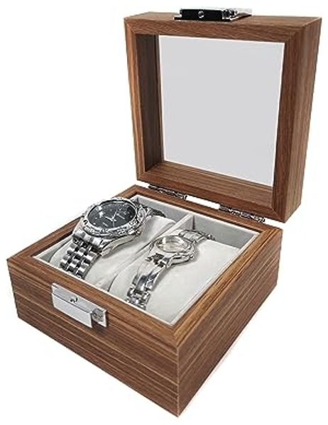 Yudu Uhrenbox Uhrenbox Uhrenkoffer Schmuckkoffer mit Glasdeckel für 2 Uhren