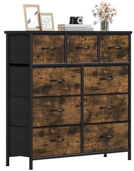 DWVO Kommode mit 9 Schubladen, Schrank aus Stoff mit Griffen, Metallgestell & MDF-Holzplatte, langlebig, für Schlafzimmer & Wohnzimmer,Rustikal Braun
