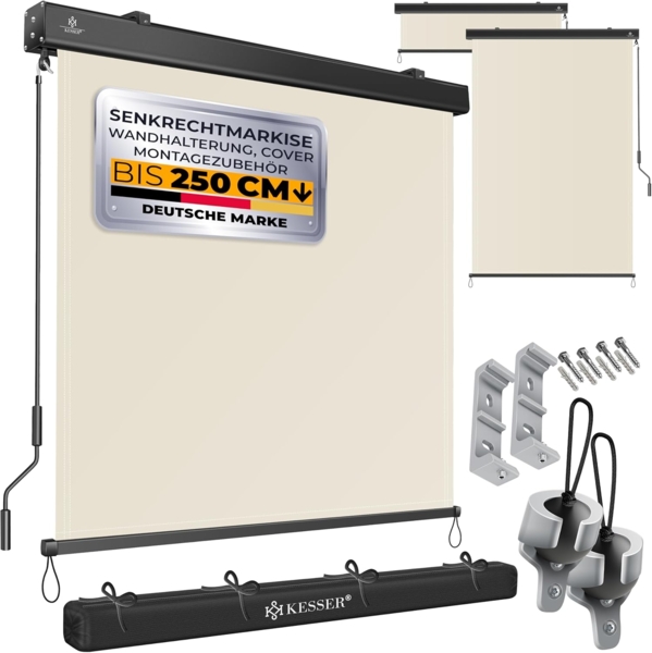 KESSER® Senkrechtmarkise Außenrollo Handkurbelmechanismus Balkonrollo Sonnen & Sichtschutz Beschattung Sonnenschutz Außen Rollo mit Kurbel Markisenkasten Balkon & Terrasse Inkl. Montageset & Abdeckung Beige, 180 x 250cm