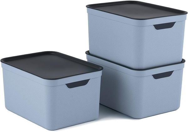Jive 3er Set Dekobox A4 fog blue 3er- Set Aufbewahrungsbox 16l mit Deckel, Kunststoff (PP recycelt), blau/anthrazit, 3x16l (37.5 x 27.8 x 29.8 cm)