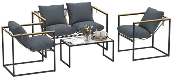 Outsunny Sitzgruppe mit 2er Sofa, 2 Sessel, Sitzkissen, Beistelltisch, Outdoor, (Stahl Gartenmöbel Set, 4-tlg, wetterfest Balkonmöbel-Set), für Garten Terrasse Balkon Grau