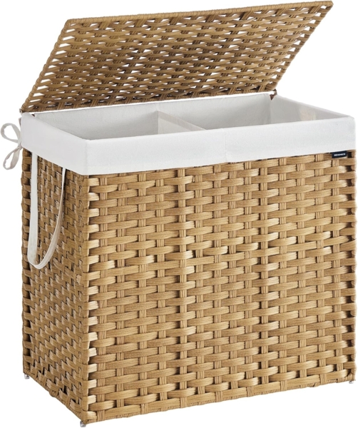 SONGMICS Wäschekorb 2 Fächern, Wäschesammler 160 L, Wäschebox aus synthetischem Rattan, mit Deckel und Griffen, geflochten, faltbar, herausnehmbarer Wäschesack, naturfarben LCBDE216Y01