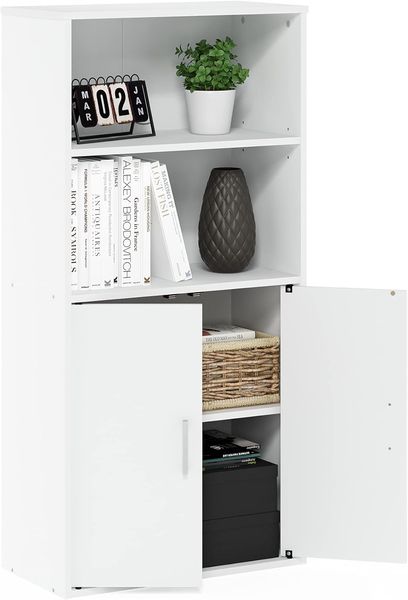 Furinno Pasir Bücherregal mit 2 Offenen Einlegeböden und 2 Türen, Weiß