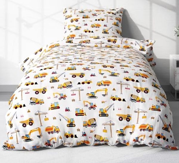 Heubergshop Kinderbettwäsche, Renforcé, 2 teilig, 135x200 cm + 80x80 cm Bagger Baufahrzeuge Kräne Baumwolle (EW-Bagger)