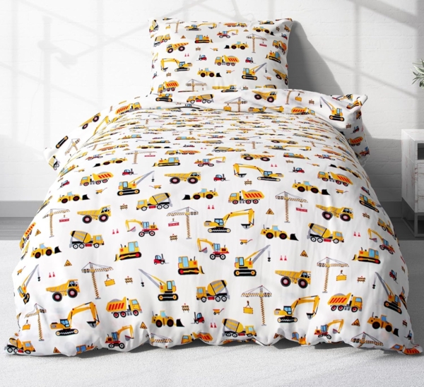 Heubergshop Kinderbettwäsche, Renforcé, 2 teilig, 135x200 cm + 80x80 cm Bagger Baufahrzeuge Kräne Baumwolle (EW-Bagger)