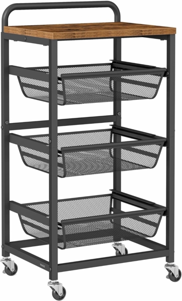 VASAGLE Servierwagen mit 4 Ebenen, Rollwagen mit herausziehbaren Körben, auf Rollen, 31,7 x 40 x 76 cm, vintagebraun-tintenschwarz