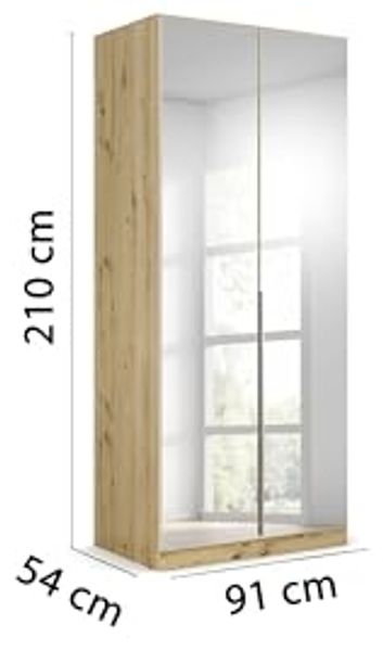 Rauch Möbel Alabama, Kleiderschrank für Schlafzimmer, Kinderzimmer, Wohnzimmer, Garderobe, Flur, 2-türig, Spiegel, mit Zubehör Premium, Farbe Beige/Eiche Artisan. Holz, Breite 91 cm Bild 3