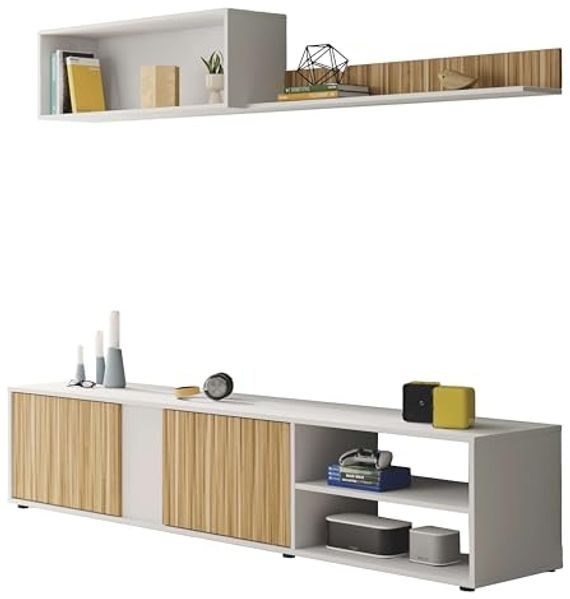 Habitdesign, Wohnzimmermöbel Set, Moderne Wohnwand mit TV-Schrank, Flexibler Montage rechts oder Links, in Artik weiß und Naturholz-Optik, Maße: 180 x 40 x 33 cm (B x H x T), Modell Ecco