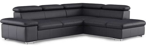 CAVADORE Leder-Schlafsofa Valerie mit Ottomane / Eckcouch mit Schlaffunktion + Kopfteilverstellung / 272 x 73 x 226 / Echtleder Schwarz