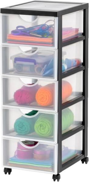 Iris Ohyama Kunststoff-Schubladenbox mit Rollen, 5 tiefen Schubladen, Schwarz, Griffe zum Ziehen, Für Schlafzimmer, Bad, Schule & Büro, BPA-frei, Schubladenschrank, Rollcontainer, A4 Drawer, DDDC-005