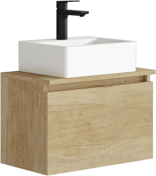Baikal MAIA Badezimmermöbel-Set, Kleiner Schrank mit Keramikwaschbecken, Wandschrank, Option mit Spiegel und LED-Wandleuchte, montiert, Spiegel Natur