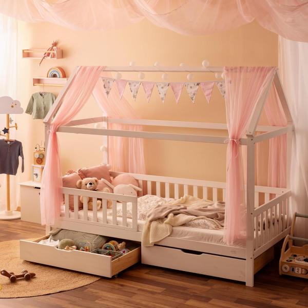 Alcube Hausbett HEIM 90x200 cm weiß, inkl. Lattenrost, 2 Schubladen, Deko Set rosa, Matratze, max. Belastbarkeit 100kg