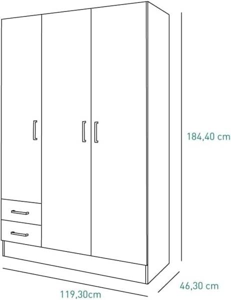 Kleiderschrank mit drei Türen und zwei Schubladen mit Einlegeböden und Kleiderstange, Farbe weiß, Maße 120 x 170 x 50 cm Bild 3