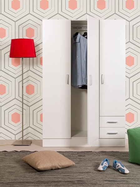 Kleiderschrank mit drei Türen und zwei Schubladen mit Einlegeböden und Kleiderstange, Farbe weiß, Maße 120 x 170 x 50 cm Bild 2