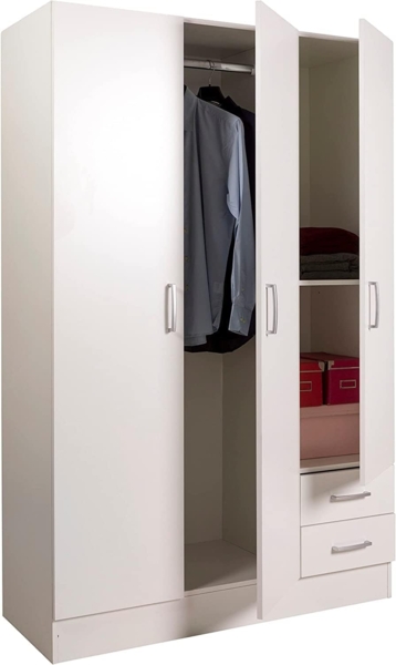 Kleiderschrank mit drei Türen und zwei Schubladen mit Einlegeböden und Kleiderstange, Farbe weiß, Maße 120 x 170 x 50 cm Bild 4