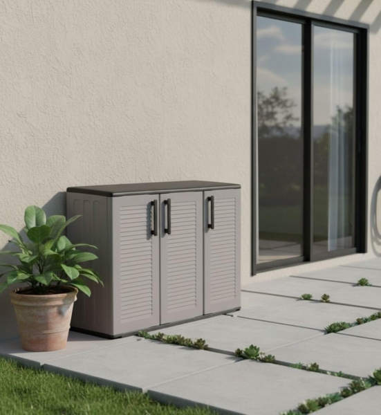 Dmora - Gesves Outdoor-Garderobe, Mehrzweck-Balkonschrank, 3-türiger Outdoor-Kleiderschrank, 100% Made in Italy, 102 x 37 x 84 cm, Grau und Schwarz, gestreifte Oberfläche