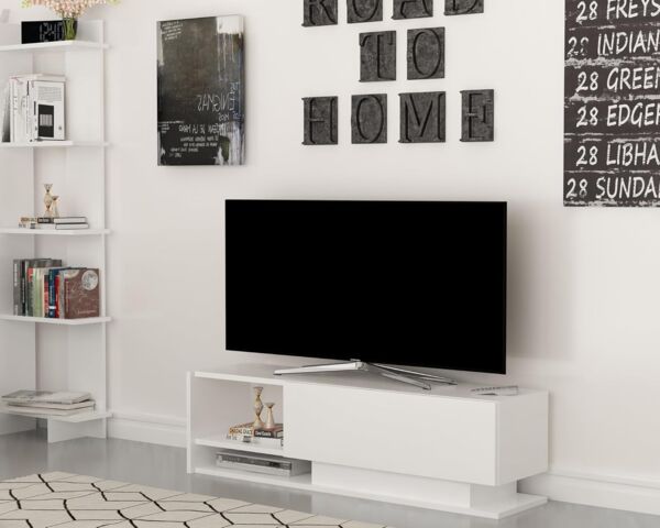 Hanah Home Modern White TV Stand, 120 cm, 100% Melamine Coated Particle Board, 18 mm Thick | Wall-Mountable, Multiple Shelves, Stylish & Functional Design