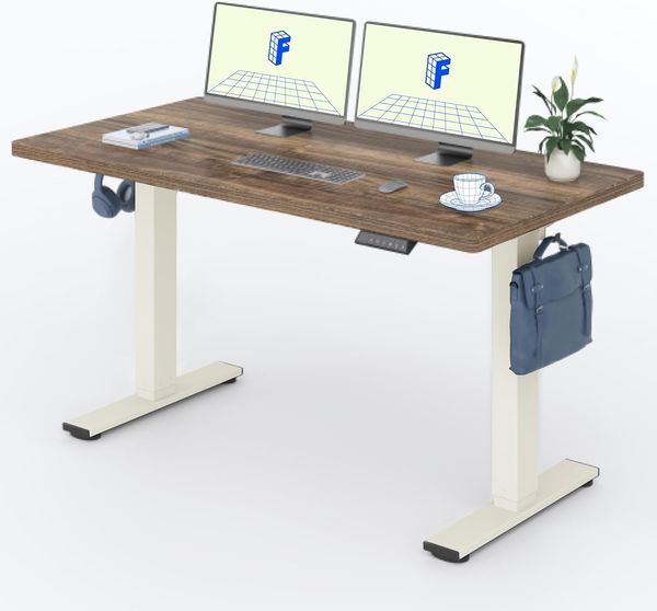 FLEXISPOT Höhenverstellbarer Schreibtisch 140×80cm, mit Haken und 25mm EINTEILIGER Tischplatte, ergonomischer Schreibtisch mit LED-Höhenanzeige und Memory-Funktion (Walnussbraun, Mousseweiß)