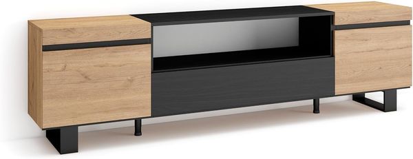 Skraut Home | TV-Schrank, Lowboard | für Wohnzimmer und Esszimmer | 200 x 57 x 35 cm | Für TV-Geräte bis zu 80" | Industriedesign | Moderner Stil | Eiche Schwarz