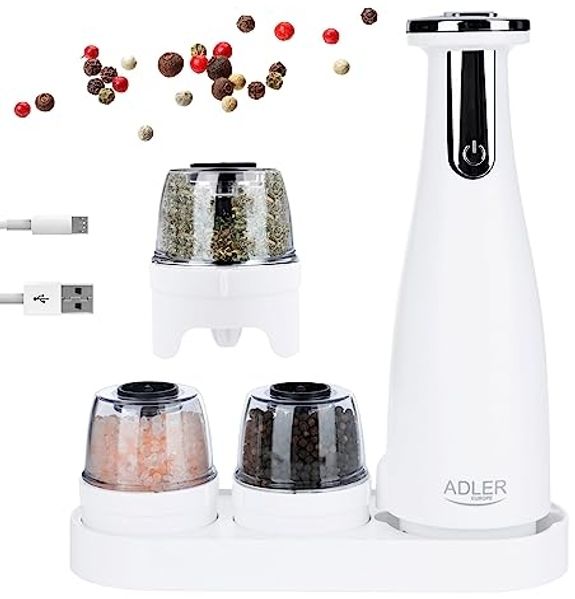 Adler AD 4449 Elektrische Salz- & Pfeffermühle, 3-in-1 Set mit Keramikmahlwerk - Weiß
