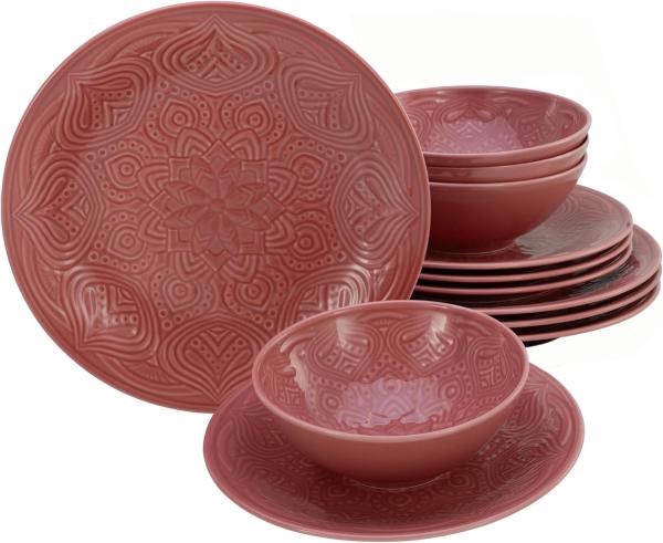 CreaTable 21629 Tafelservice Orient Mandala für 4 Personen, Porzellan, rot (1 Set, 12-teilig)