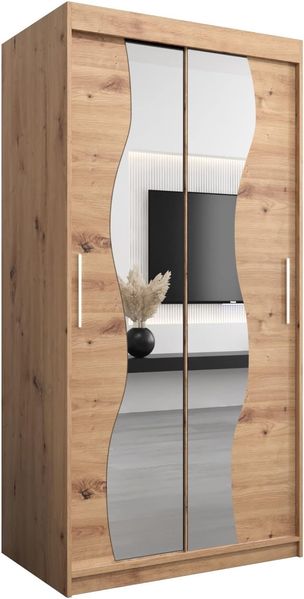 KRYSPOL Schwebetürenschrank Madryt 100 cm mit Spiegel Kleiderschrank mit Kleiderstange und Einlegeboden Schlafzimmer- Wohnzimmerschrank Schiebetüren Modern Design (Artisan Eiche)