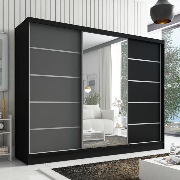 Schwebetürenschrank AVIRA 1 3-türig Schrank 200 cm (mit Spiegel) Farbe: Schwarz , Graphit