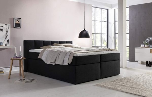 Furniture for Friends Doluna Valina Boxspringbett 160x200 cm H3 in Schwarz niedriges Kopfteil 90 cm Ideal für Dachschrägen inkl. Visco Topper + 7 Zonen Taschenfederkern-Matratze