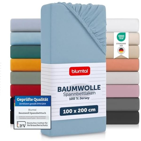 Blumtal® Baumwolle Spannbettlaken 100x200 cm Basics Jersey - Bettlaken 100x200 cm - Oeko-TEX zertifiziertes Spannbetttuch 100x200 cm - Matratzenbezug 100x200 cm - Bettbezug - Leintuch - Dusk Blue