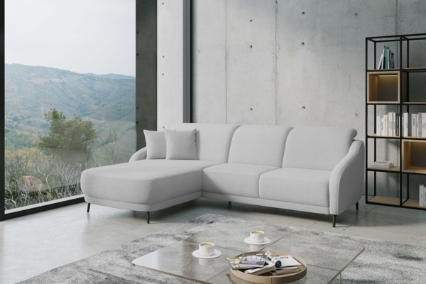 CAVADORE Ecksofa Blue/Moderne Eckcouch mit Longchair, inklusiv Kopfteilverstellung, Vorziehsitz motorisch, Klapptisch und mattschwarzen Metallfüßen / 271 x 93 x 191 / Flachgewebe, Mittelgrau Bild 2
