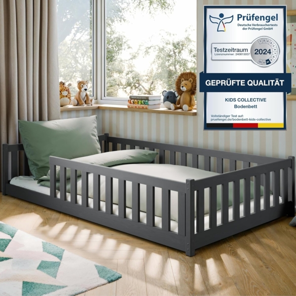 Kids Collective Kinderbett Bodenbett Bett mit Rausfallschutz & Lattenrost Montessori Bett Kinder (Jungen, Mädchen, Kinder, weitere Größen 80x160, 80x180, 90x190, 90x200, 140x200 cm), Jugendbett Einzelbett mit Matratze Graphit Kiefer 120x200 cm