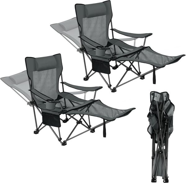 eSituro Faltstuhl Klappstuhl Campingstuhl klappbar, 2er Set, bis 150 kg, Angelstuhl Anglersessel faltbar, Campingliege mit Getränkehalter & Tragetasche, Grau