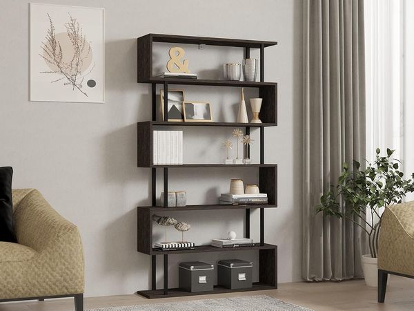 Hanah Home Stylish Anthracite Bookshelf, 90 x 162.6 x 22 cm | 100% Melamine Coated Particle Board, 18 mm Thick | Wall-Mountable, Multiple Shelves for Extra Storage