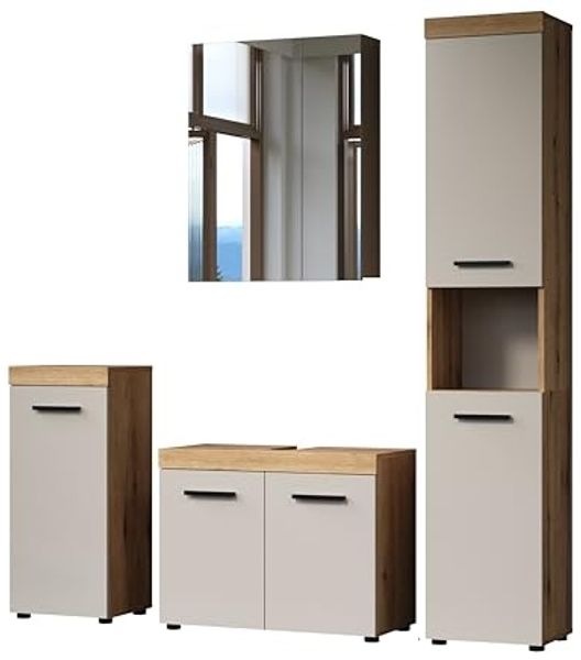 welltime Badmöbel-Set Isera, (4-St), Set mit Hochschrank, Waschbeckenunterschrank, Standtyp, Spiegelschrank